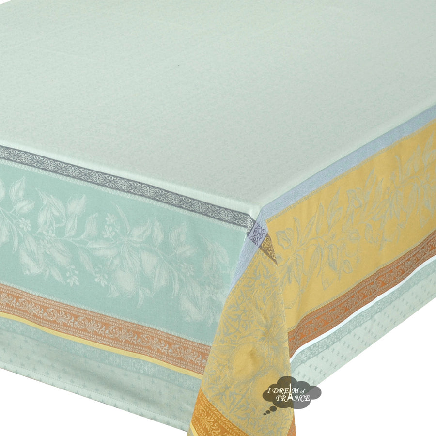 62" Square Cedrat Green & Yellow French Jacquard Tablecloth by Tissus Toselli