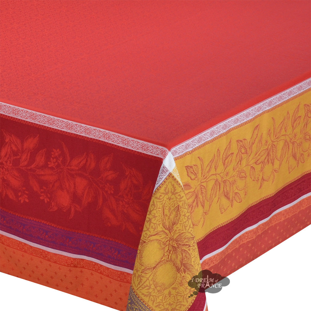 62" Square Cedrat Red & Yellow French Jacquard Tablecloth by Tissus Toselli