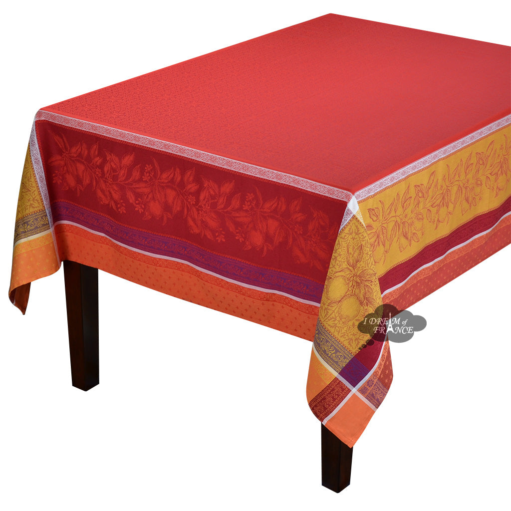 62x98" Rectangular Cedrat Red & Yellow French Cotton Jacquard Tablecloth by Tissus Toselli