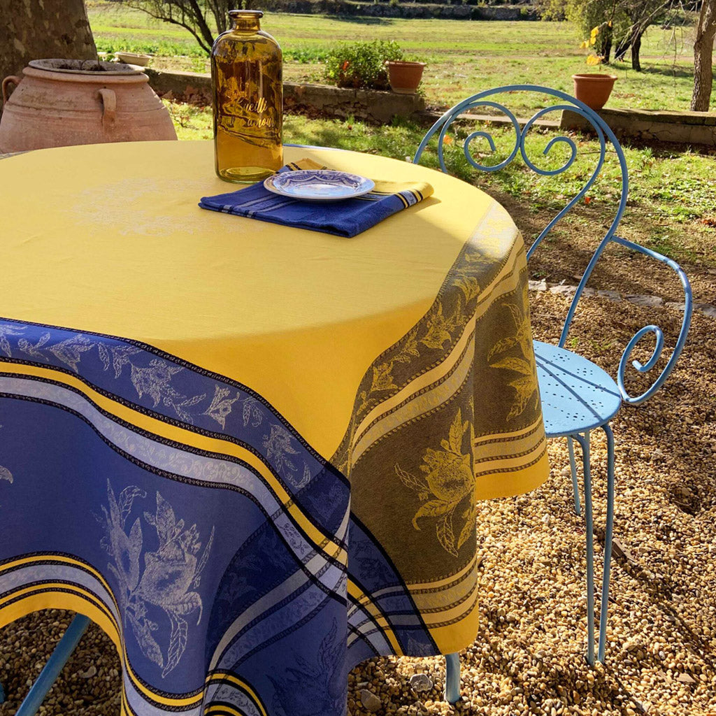 62x120" Rectangular Citrus Yellow & Blue Jacquard Tablecloth by L'Ensoleillade