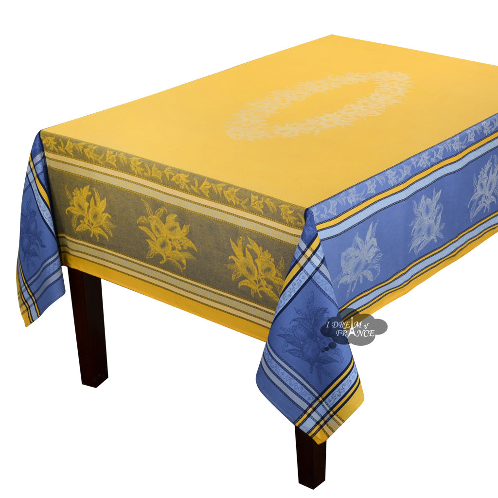 62x98" Rectangular Citrus Yellow & Blue Blue French Jacquard Tablecloth by L'Ensoleillade