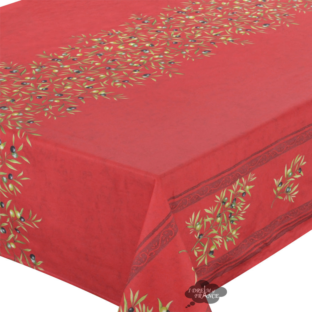 60x78" Rect Clos des Oliviers Red Acrylic-Coated Cotton Double Border Tablecloth by l'Ensoleillade