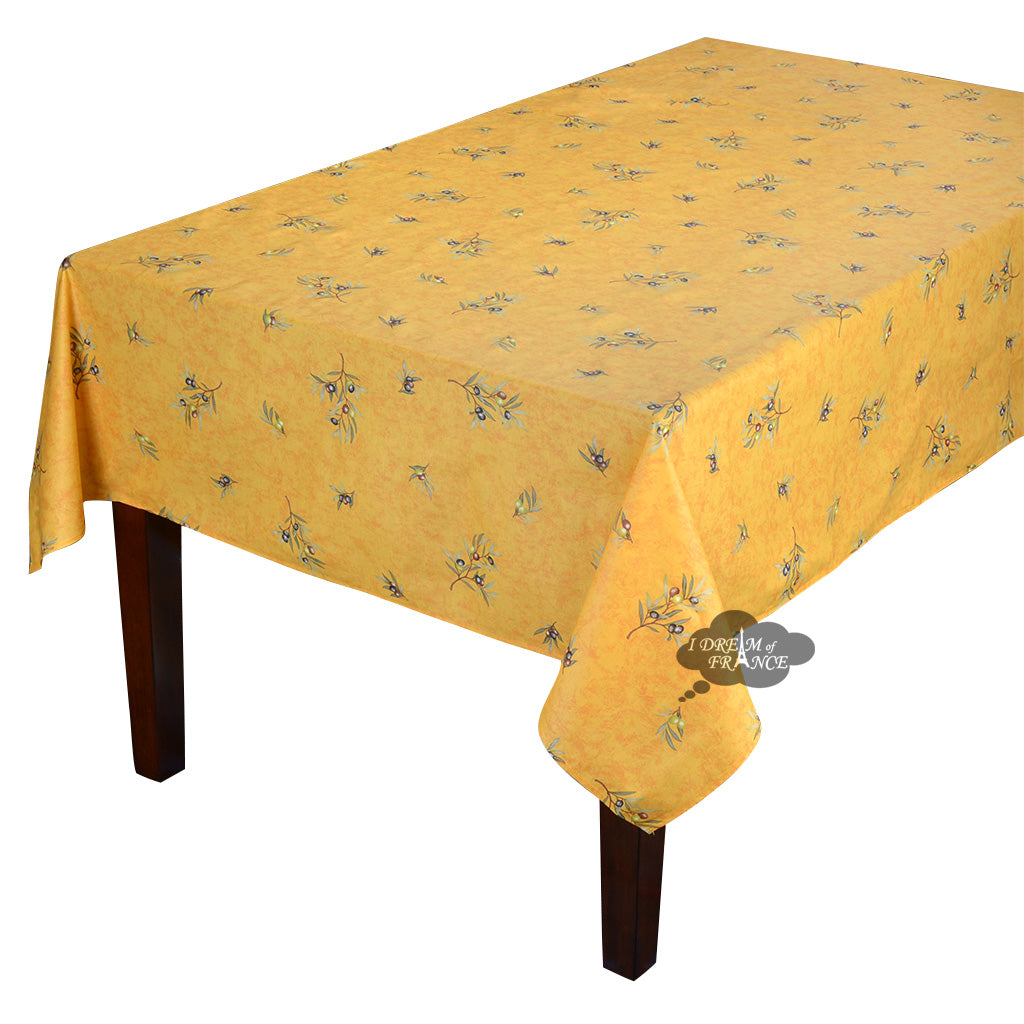 59" Square Clos des Oliviers Yellow All-Over Acrylic-Coated Cotton Tablecloth by l'Ensoleillade