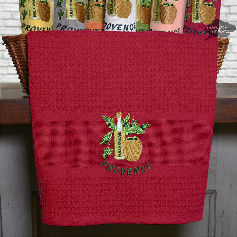 Olive Oil Burgundy Waffle-Weave Kitchen Towel by Coton Blanc