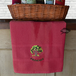 Provence Olive Tree Burgundy Waffle-Weave Kitchen Towel by Coton Blanc