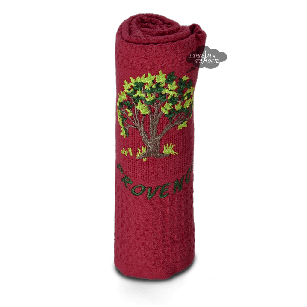 Provence Olive Tree Burgundy Waffle-Weave Kitchen Towel by Coton Blanc