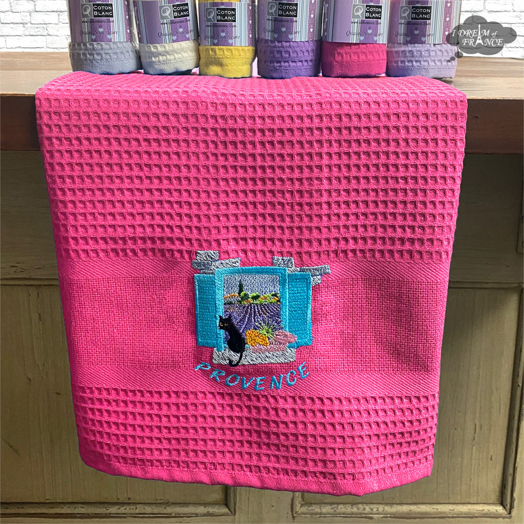 Provence Window Pink Waffle-Weave Kitchen Towel by Coton Blanc
