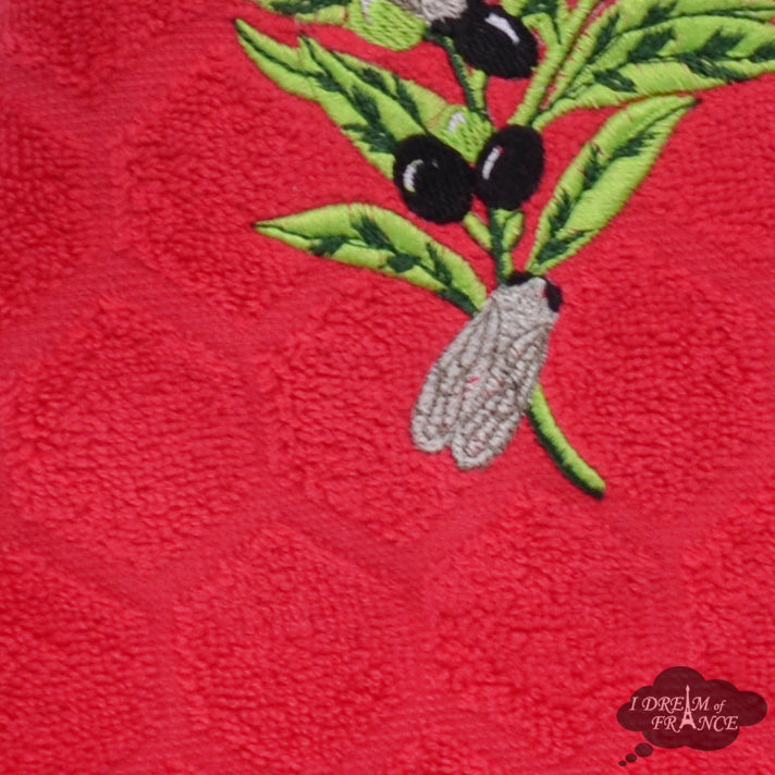 Round Terry Hand Towel Olives & Cicadas Red by Coton Blanc