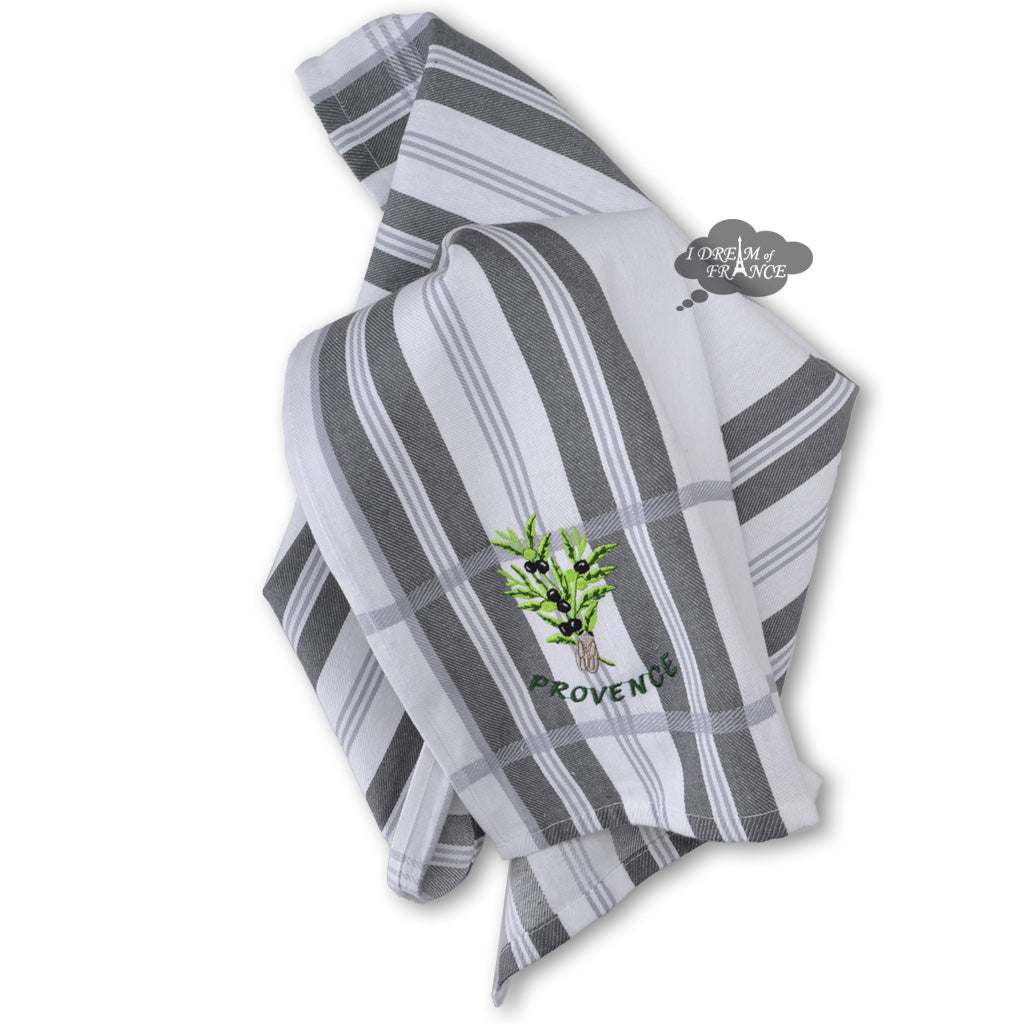 Provence Olives & Cicada Gray Cotton Jacquard Kitchen Towel by Coton Blanc