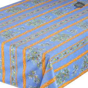 59" Square Clos des Oliviers Blue Coated Cotton Tablecloth - Closeup