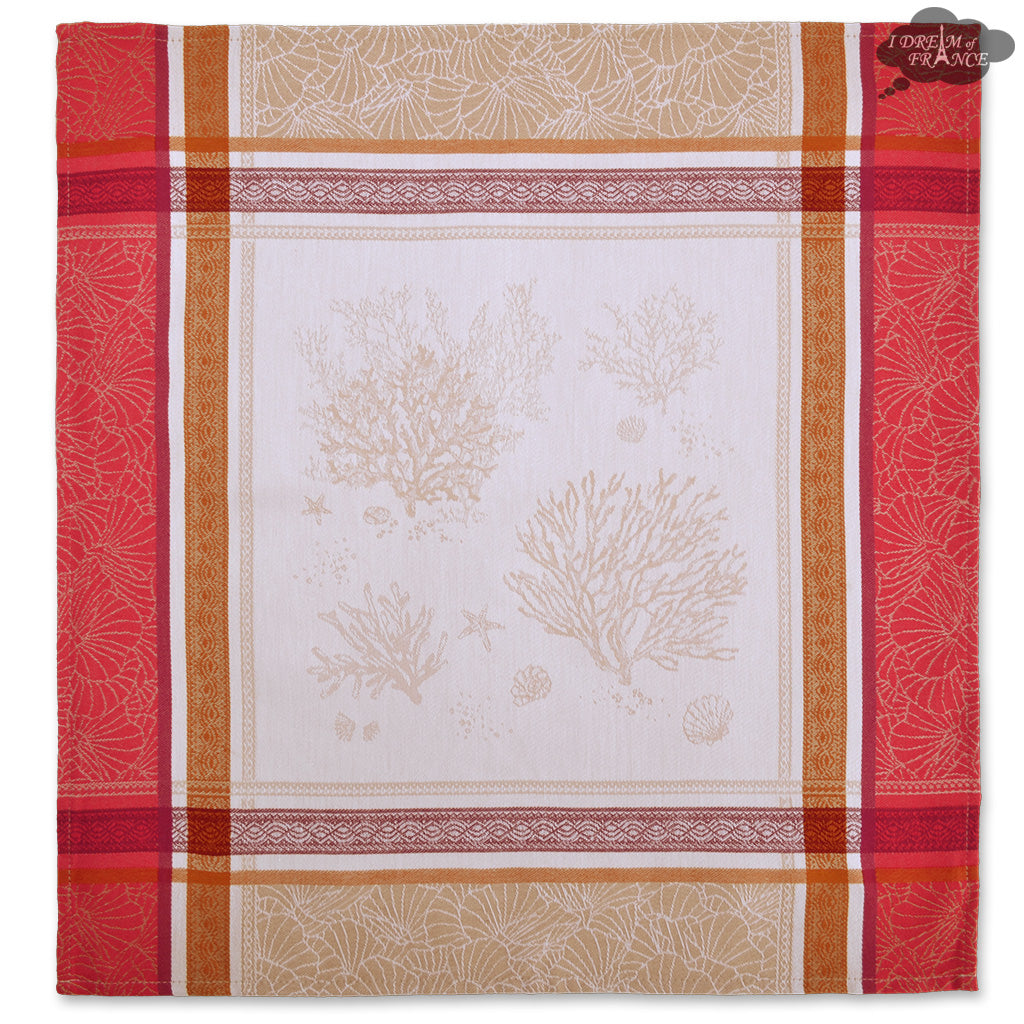 Oceane Coral Red French Cotton Jacquard Napkin by Tissus Toselli