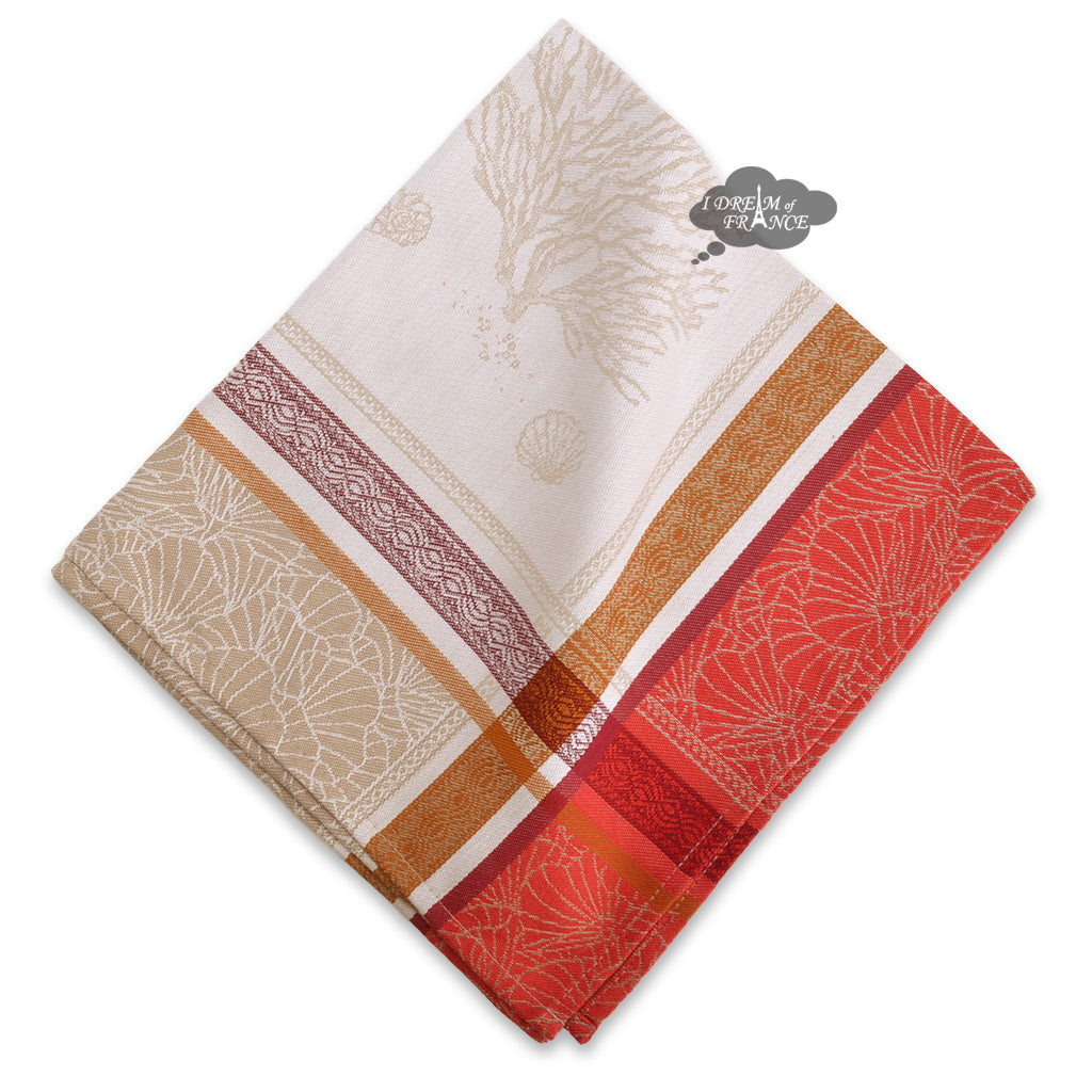 Oceane Coral Red French Cotton Jacquard Napkin by Tissus Toselli