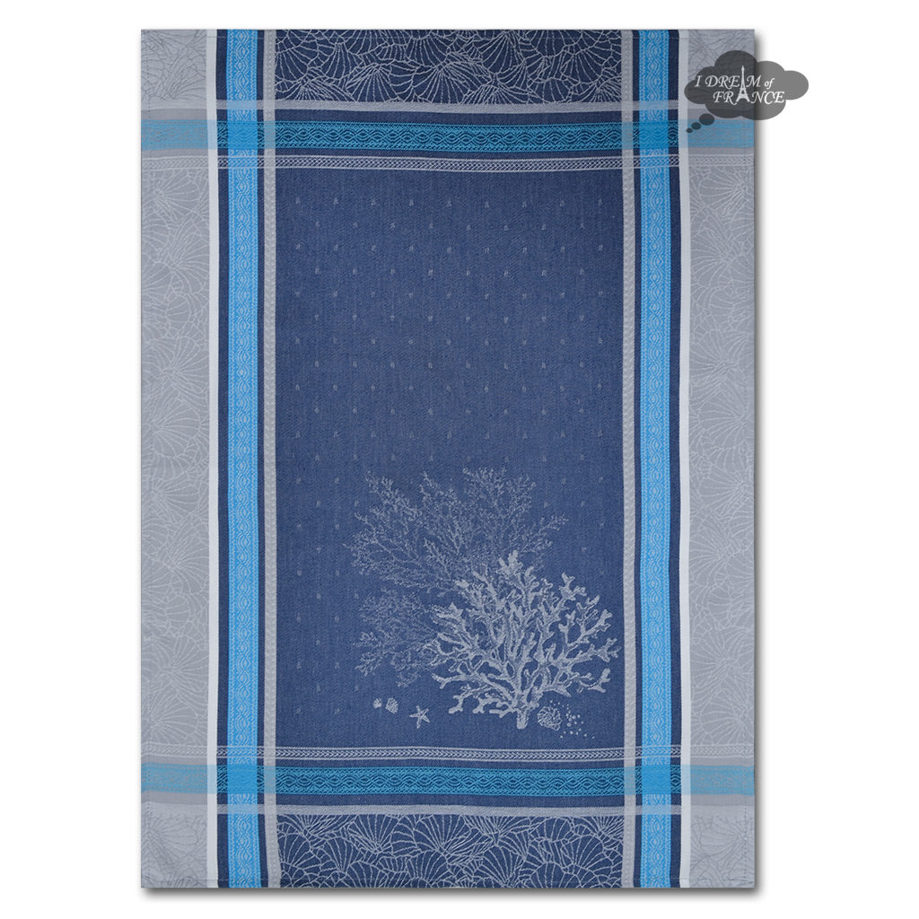 Oceane Blue French Cotton Jacquard Dish Towel by Tissus Toselli