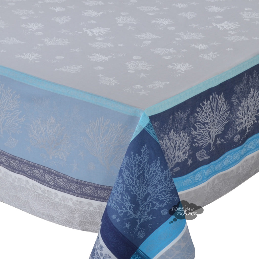 62x98" Rectangular Oceane Blue French Jacquard Tablecloth by Tissus Toselli