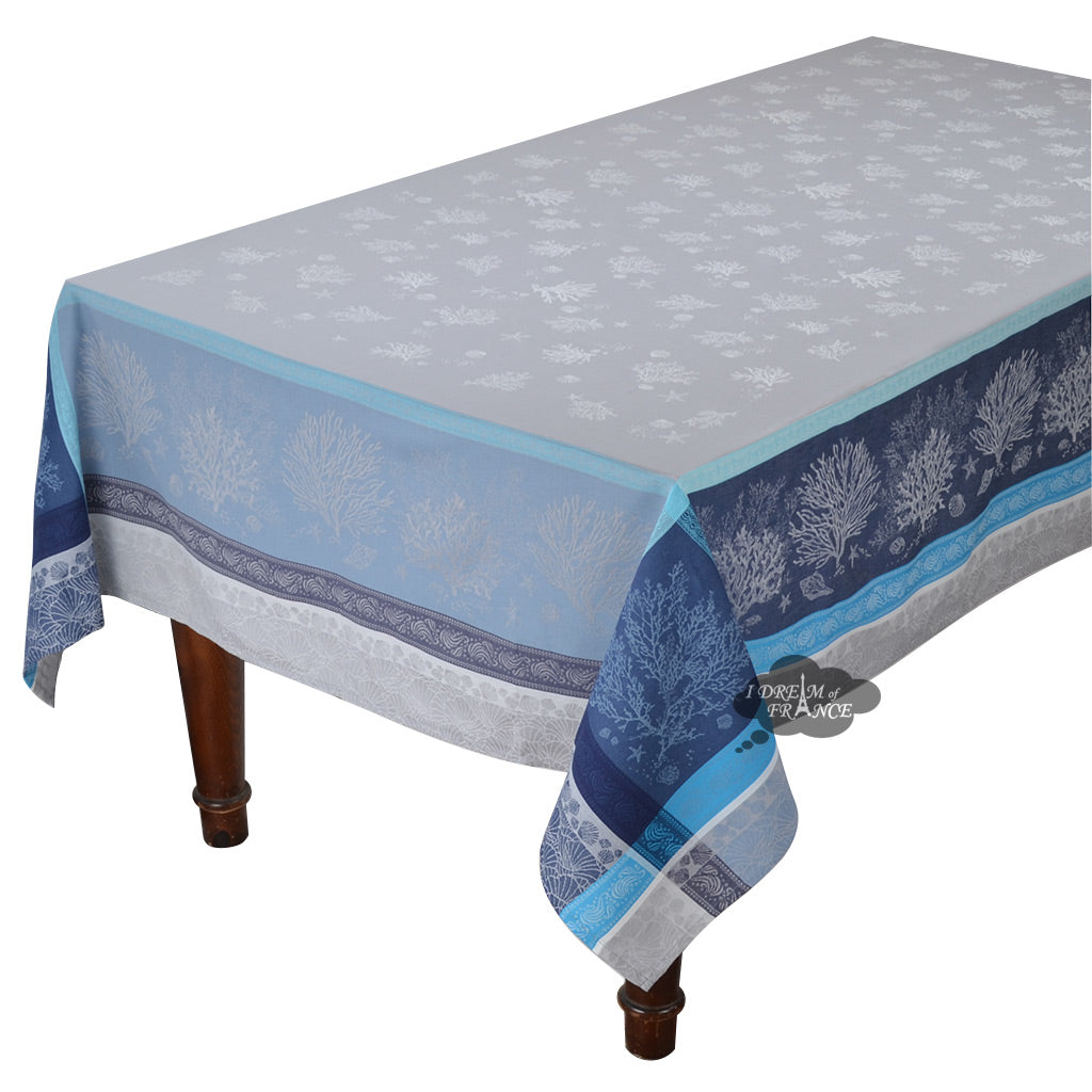 62" Square Oceane Blue French Jacquard Tablecloth by Tissus Toselli