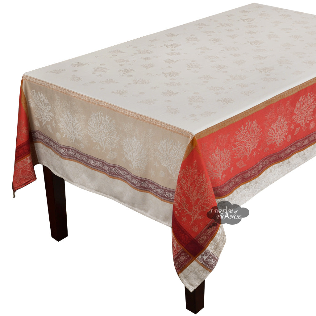 62x98" Rectangular Oceane Coral Red French Jacquard Tablecloth by Tissus Toselli
