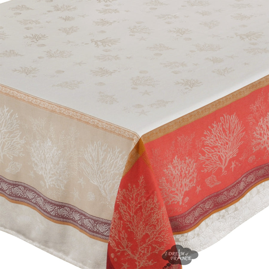 62x138" Rectangular Oceane Coral Red French Jacquard Tablecloth by Tissus Toselli