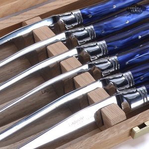 Laguiole Goyon-Chazeau Set of 6 Handcrafted Table Knives - Sapphire blue Handles