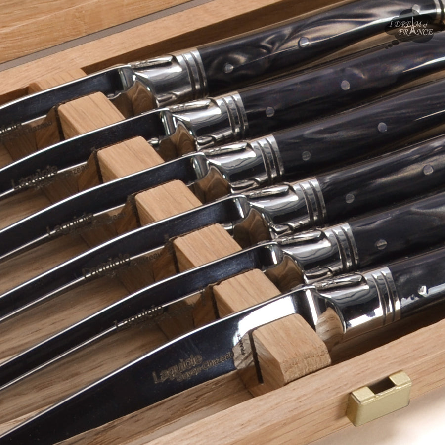 Laguiole Goyon-Chazeau Set of 6 Handcrafted Table Knives - Slate Gray Handles