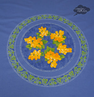 70" Round Grapes Blue Cotton Coated Provence Tablecloth by Le Cluny