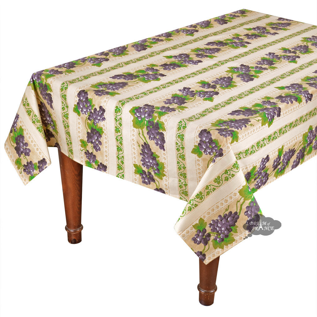 58" Square Grapes Cream Cotton Coated Provence Tablecloth by Le Cluny
