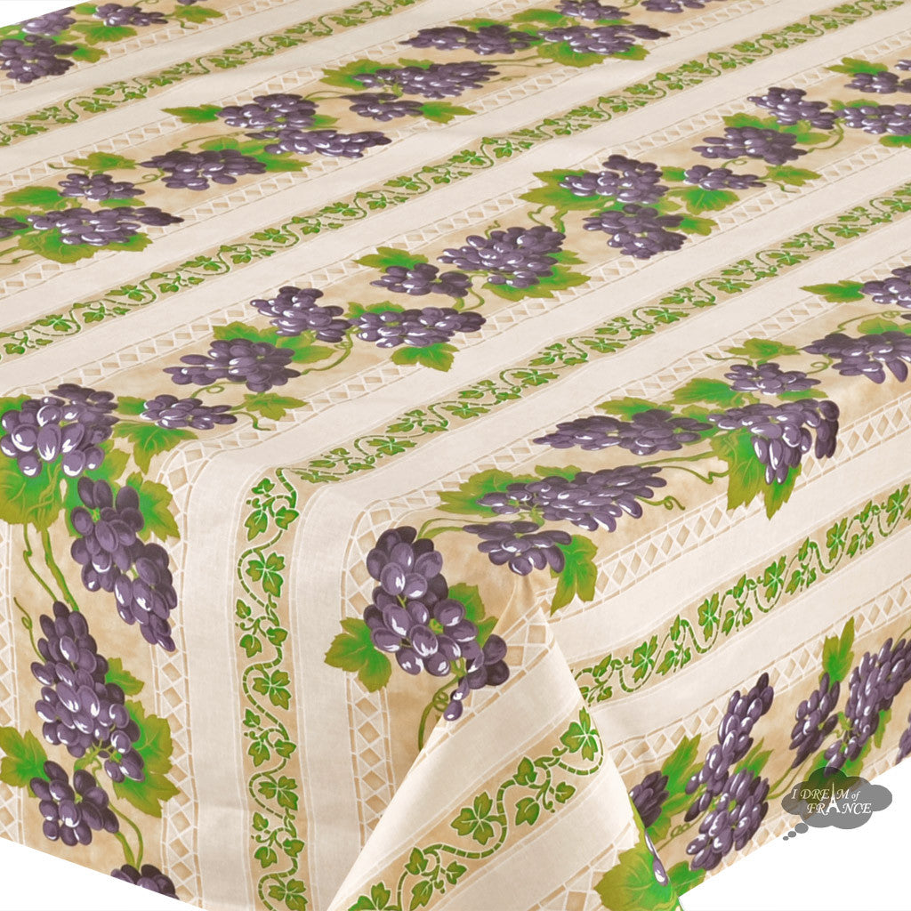 60x132" Grapes Cream Cotton Coated Provence Tablecloth - Close Up
