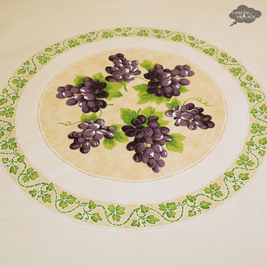 70" Round Grapes Cream Cotton Coated Provence Tablecloth by Le Cluny