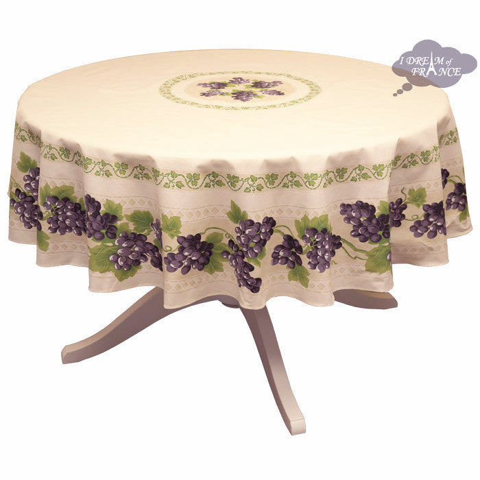 70" Round Grapes Cream Cotton Coated Provence Tablecloth by Le Cluny
