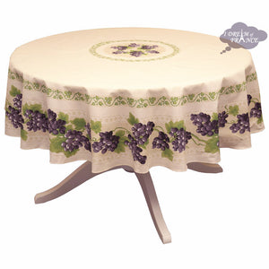 70" Round Grapes Cream Cotton Coated Provence Tablecloth by Le Cluny