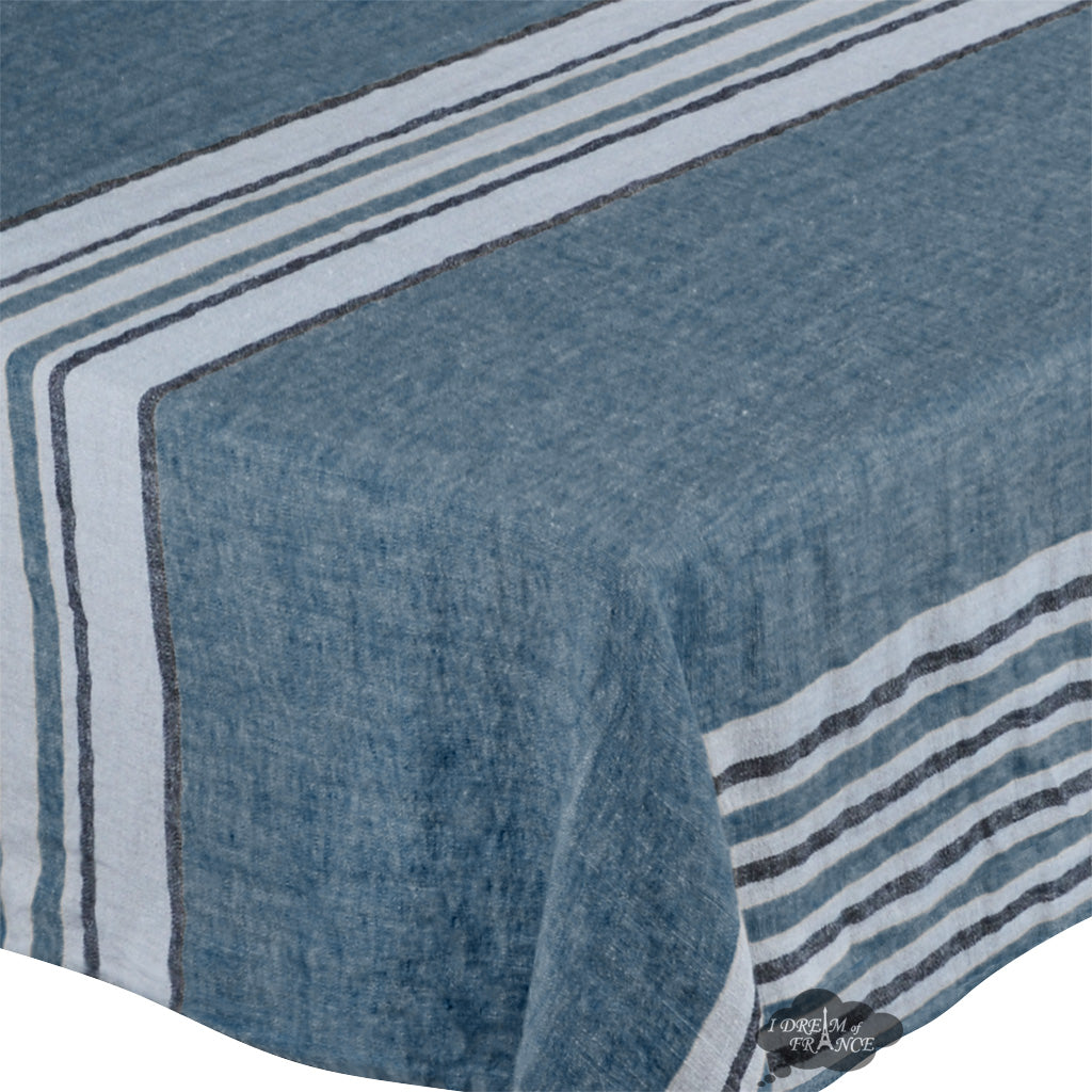 62" Square Zonza Prussian-Blue French Linen Tablecloth by Harmony