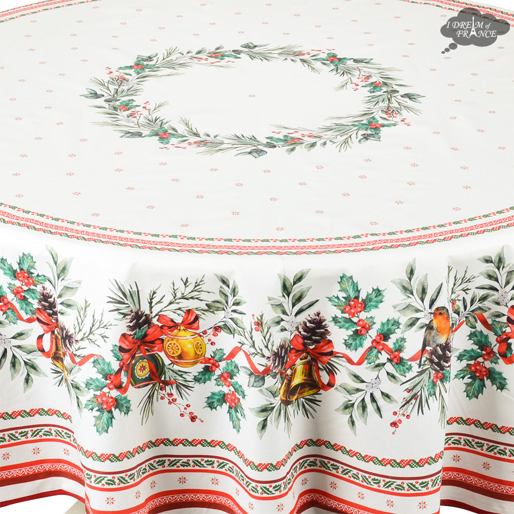 70" Round Joyeux Noel Coated Cotton Tablecloth by Tissus Toselli