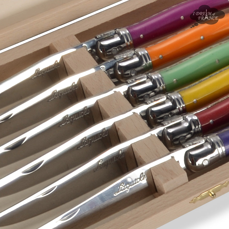 Jean Dubost 6 Steak Knives with Assorted Wood Handles