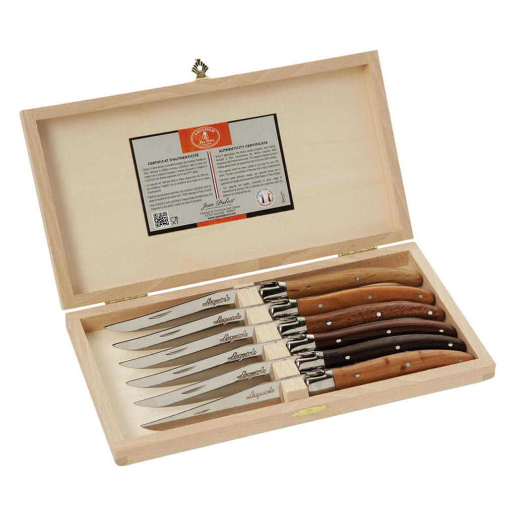 Jean Dubost 6 Steak Knives with Assorted Wood Handles