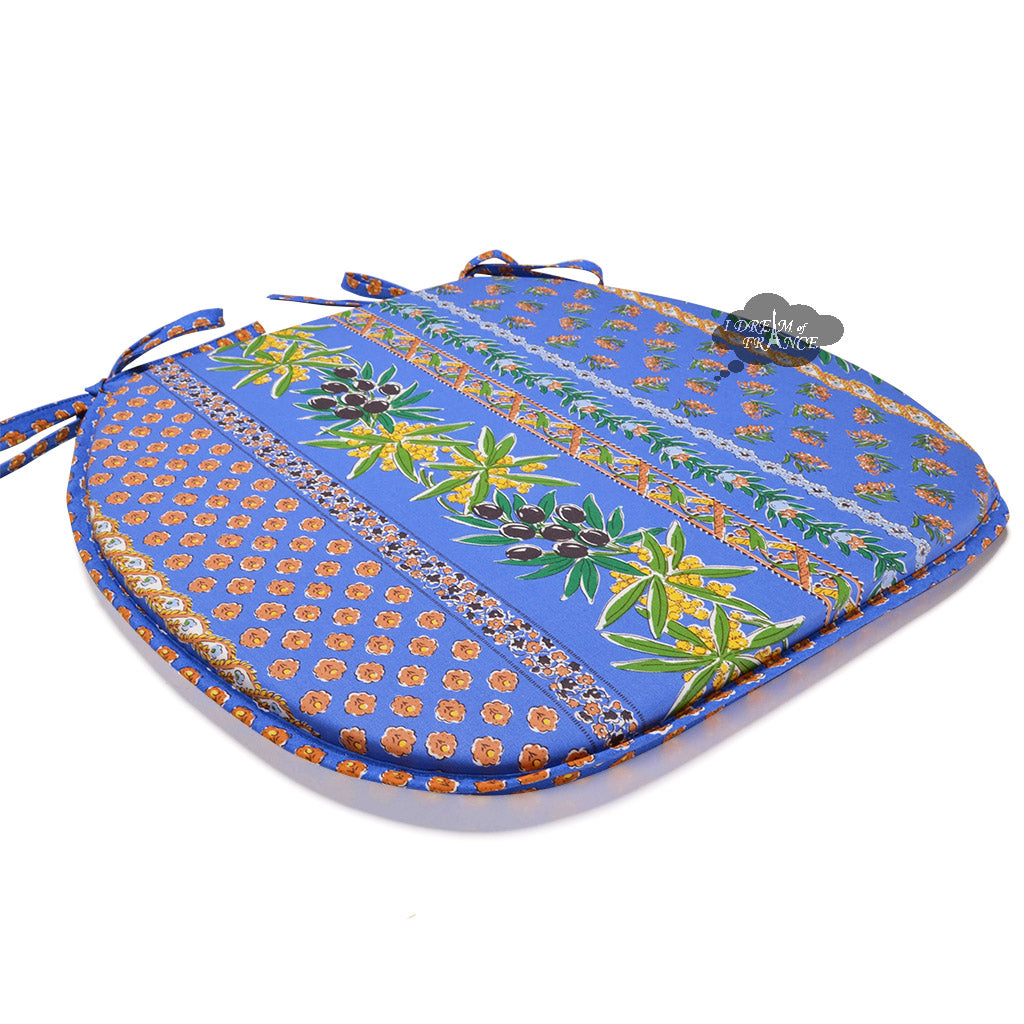 Olives Blue Coated Cotton French Style Chair Pad by Le Cluny