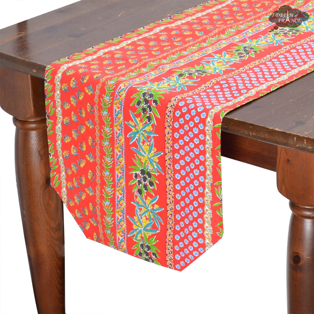 16x72" Olives Red Cotton Coated Provence Table Runner by Le Cluny