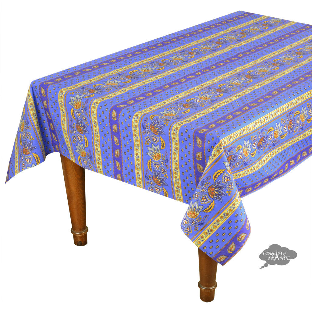 60x132" Rectangular Lisa Blue Cotton Coated Provence Tablecloth by Le Cluny