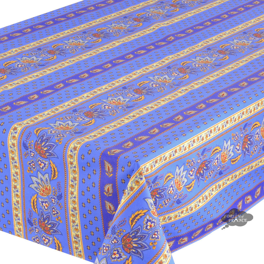 60x 96" Rectangular Lisa Blue Cotton Coated French Country Tablecloth - Close Up