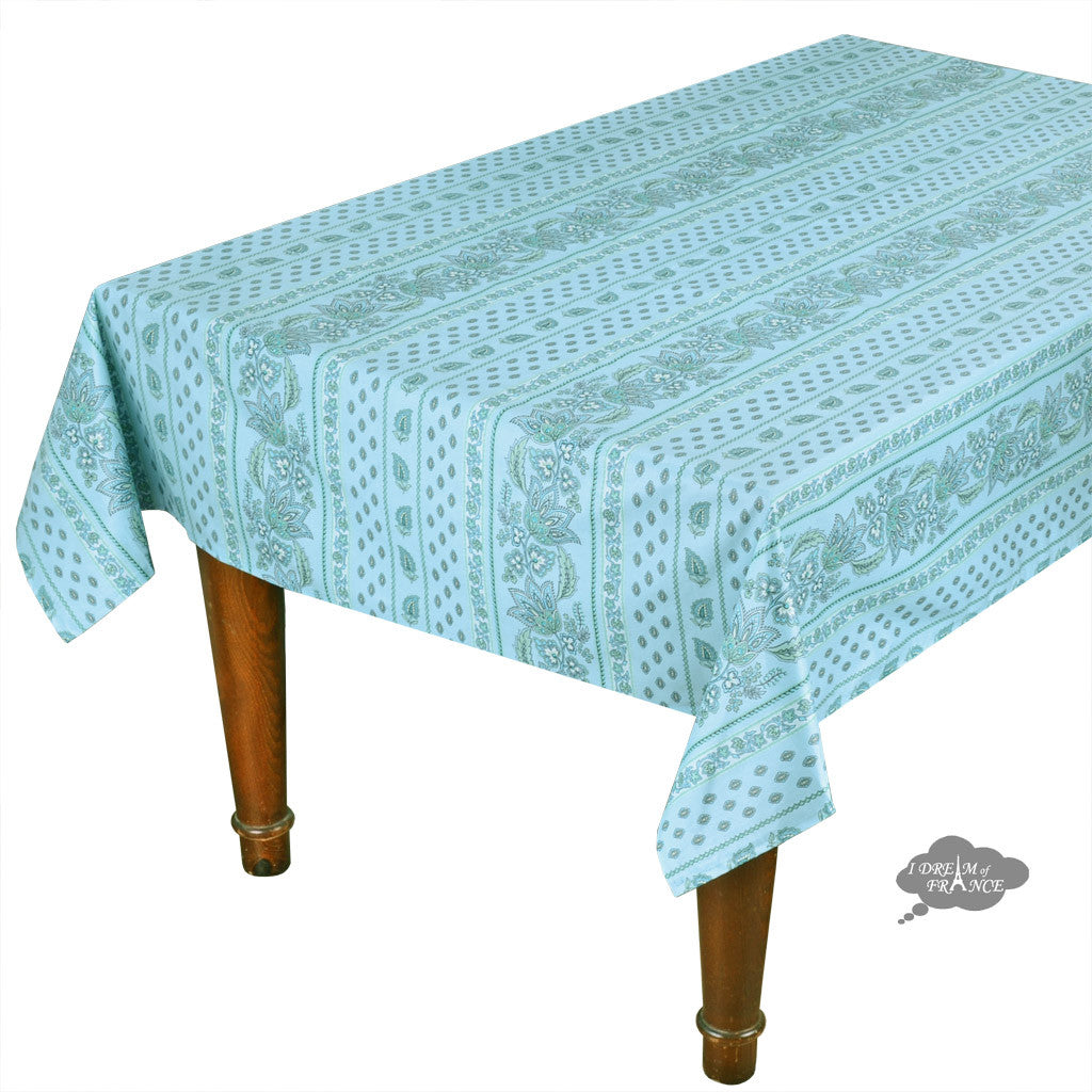 58" Square Lisa Turquoise Cotton Coated Provence Tablecloth by Le Cluny
