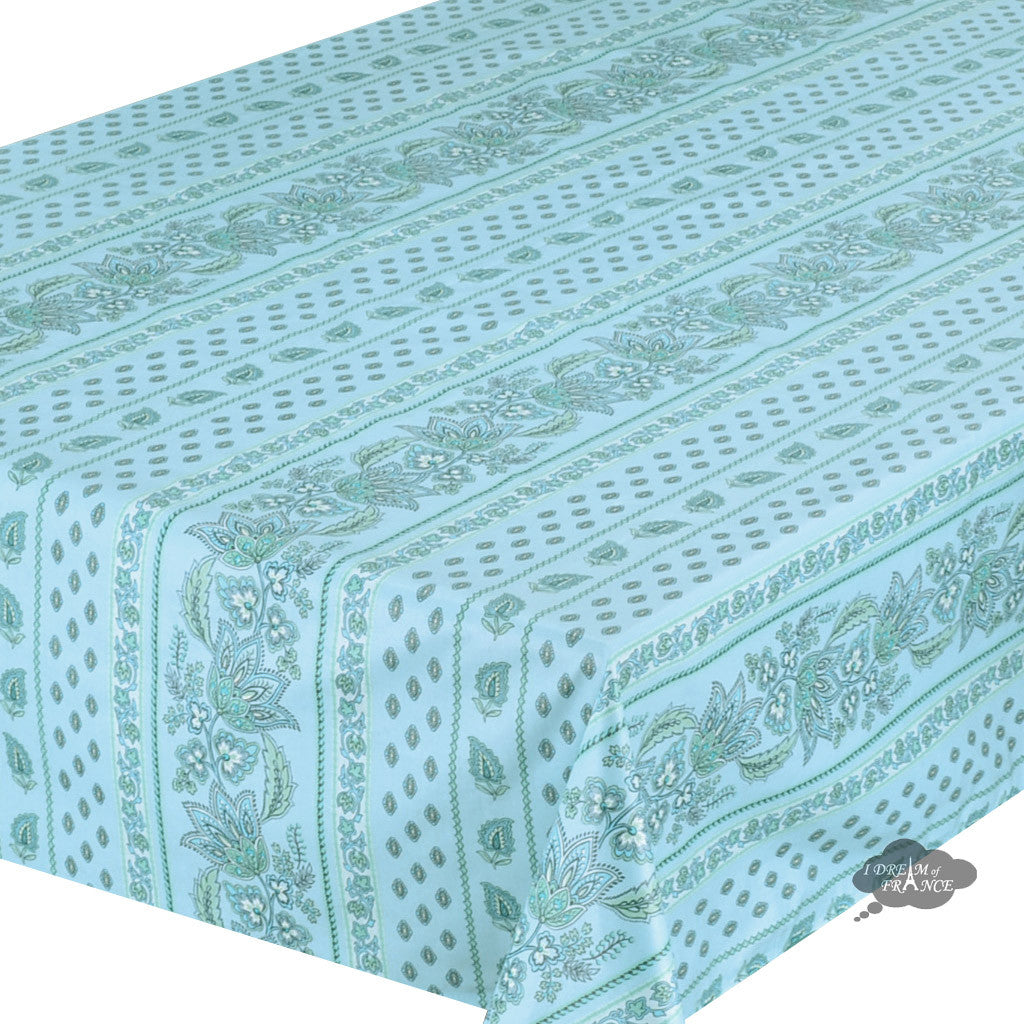 58x84" Rectangular Lisa Turquoise Cotton Coated Provence Tablecloth - Close Up