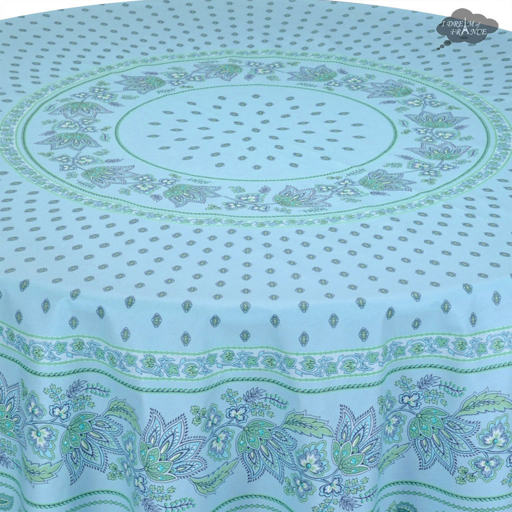 68" Round Lisa Turquoise Cotton Coated Provence Tablecloth - Close Up