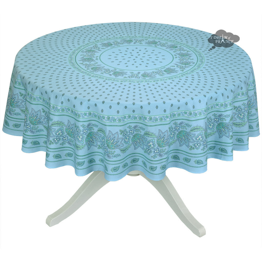 68" Round Lisa Turquoise Cotton Coated Provence Tablecloth by Le Cluny