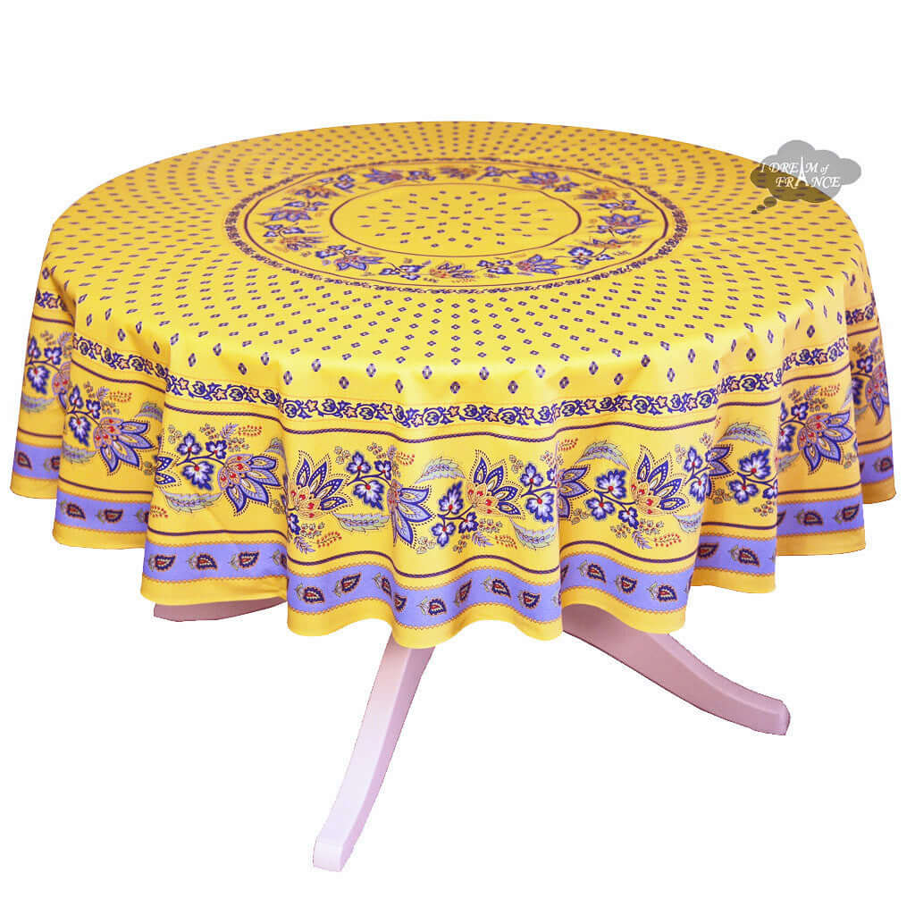70" Round Lisa Yellow Cotton Coated French Country Tablecloth by Le Cluny