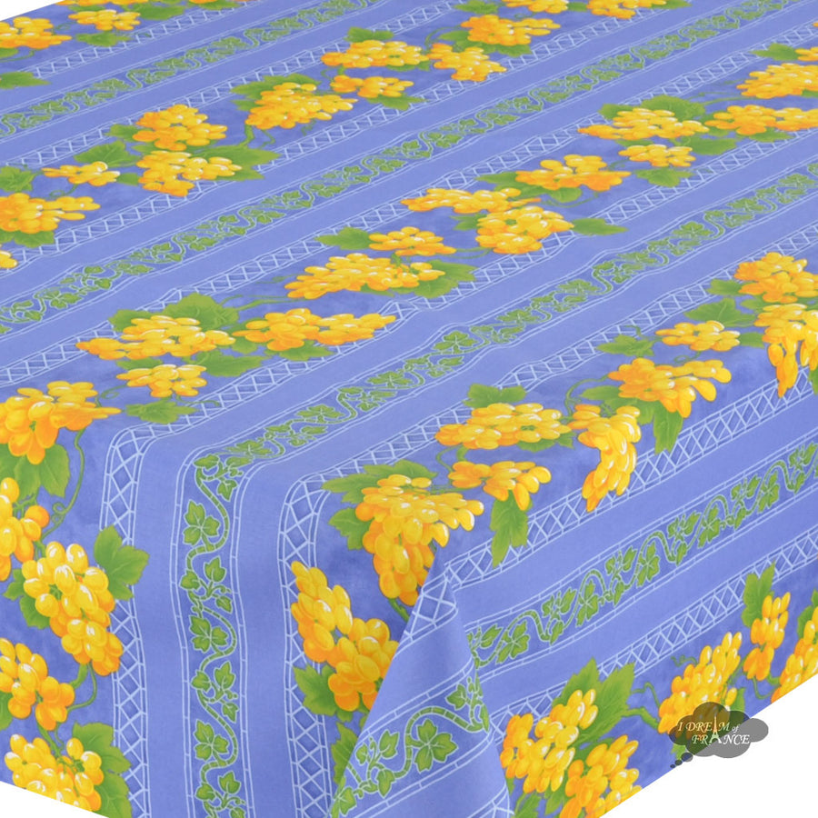 58" Square Grapes Blue Cotton Coated Provence Tablecloth by Le Cluny