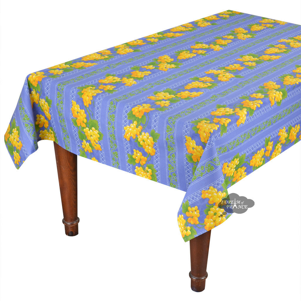 60x 96" Rectangular Grapes Blue Cotton Coated Provence Tablecloth by Le Cluny