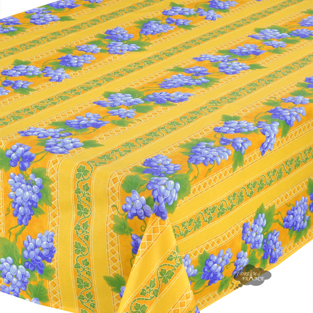 52x72" Rectangular Grapes Yellow Cotton Coated Provence Tablecloth - Close Up