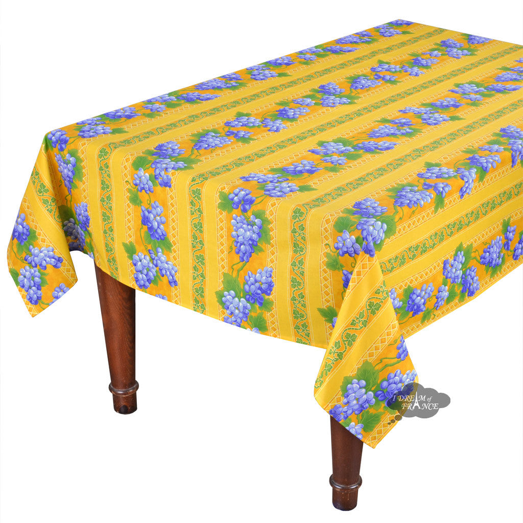 58" Square Grapes Yellow Cotton Coated Provence Tablecloth by Le Cluny