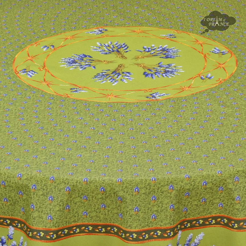70" Round Lavender Green Cotton Coated Provence Tablecloth by Le Cluny - Close Up