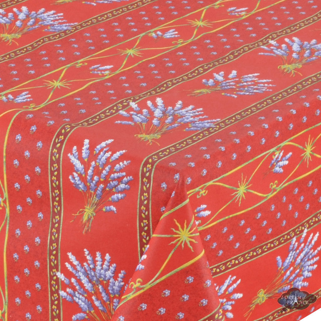58" Square Lavender Red Cotton Coated Provence Tablecloth by Le Cluny