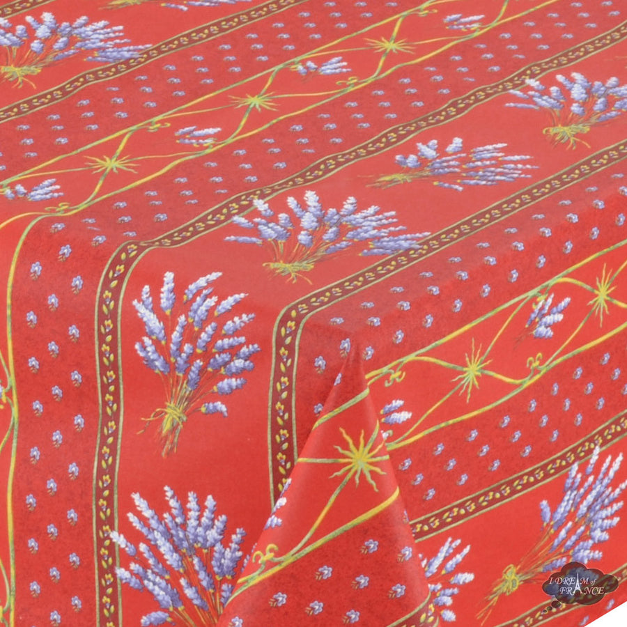 58" Square Lavender Red Cotton Coated Provence Tablecloth by Le Cluny