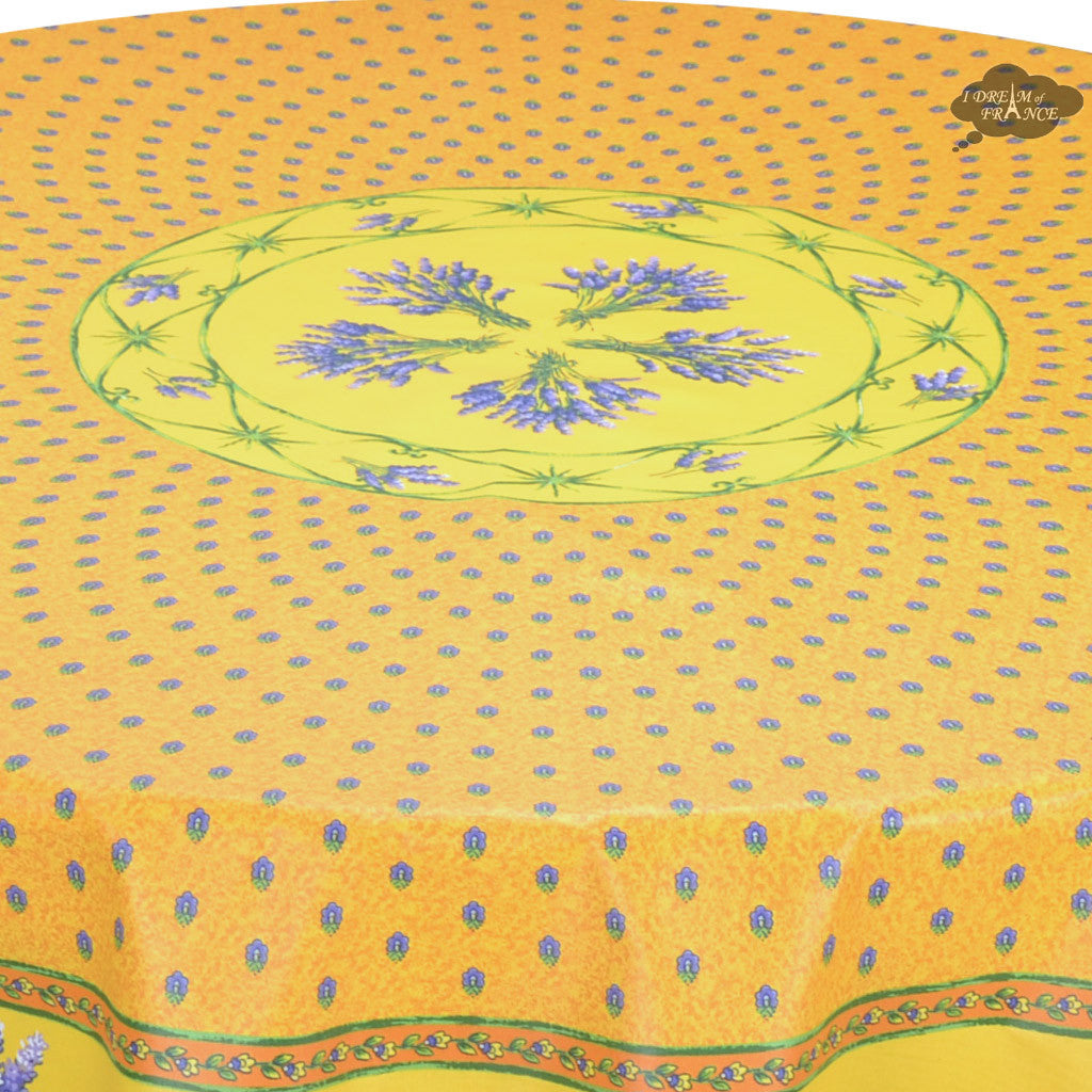 70" Round Lavender Yellow Cotton Coated Provence Tablecloth by Le Cluny